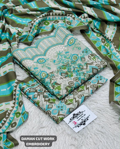 Bin Saeed Stock Clearance Sale: 3-Piece Daman Cut Work Embroidered Blue & Green Lawn Suit