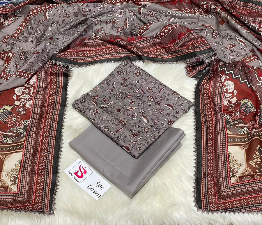 Bin Saeed Stock Clearance Sale: 3-Piece Daman Cut Work Embroidered Grey Lawn Suit