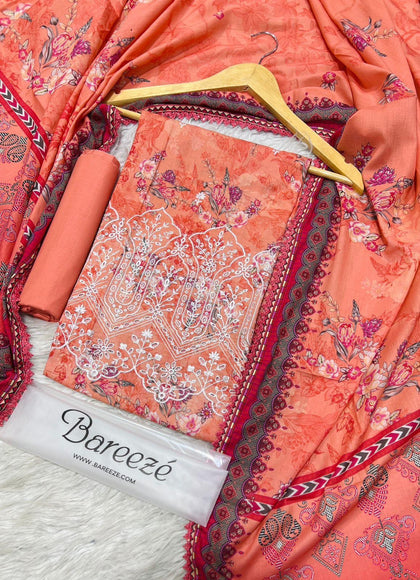 Bareezé Stock Clearance Sale: 3-Piece Daman Cut Work Embroidered Peach Lawn Suit