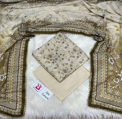 Bin Saeed Stock Clearance Sale: 3-Piece Daman Cut Work Embroidered Brown & Off-White Lawn Suit
