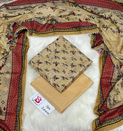 Bin Saeed Stock Clearance Sale: 3-Piece Daman Cut Work Embroidered Beige Lawn Suit
