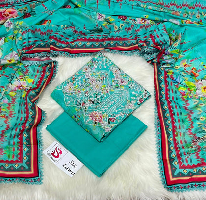 Bin Saeed Stock Clearance Sale: 3-Piece Daman Cut Work Embroidered Turquoise Lawn Suit