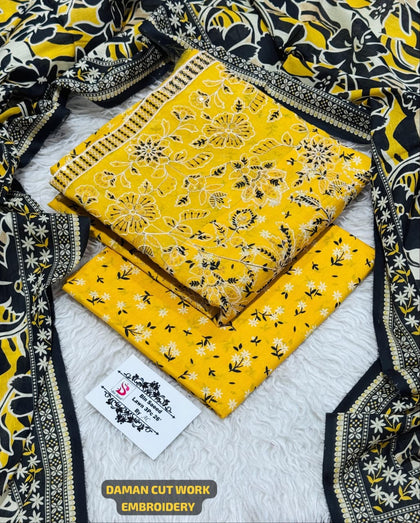 Bin Saeed Stock Clearance Sale: 3-Piece Daman Cut Work Embroidered Yellow Lawn Suit