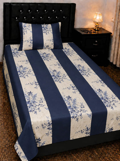 Export Quality Single Navy Blue Floral Patchwork Cotton Bedsheet with Pillow Cover (60 x 90 Inches)