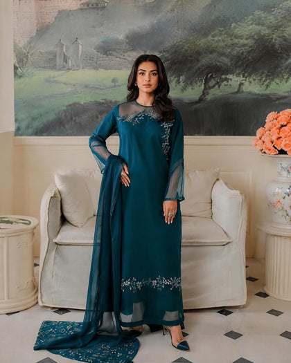AZZEL Luxury Chiffon Long Shirt Suit with Heavy Embroidered Dupatta & Malai Trouser