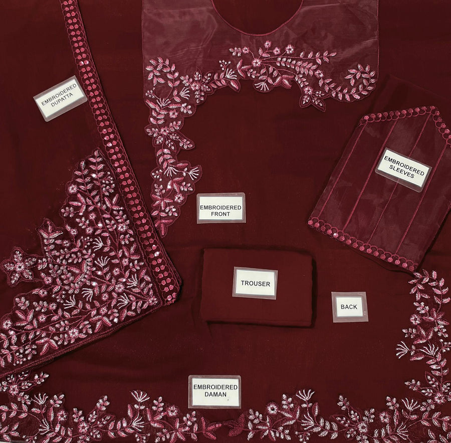 AZZEL Luxury Chiffon Long Shirt Suit with Heavy Embroidered Dupatta & Malai Trouser