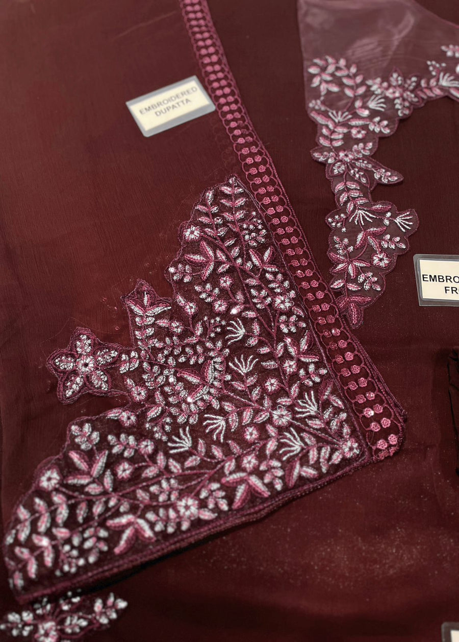 AZZEL Luxury Chiffon Long Shirt Suit with Heavy Embroidered Dupatta & Malai Trouser