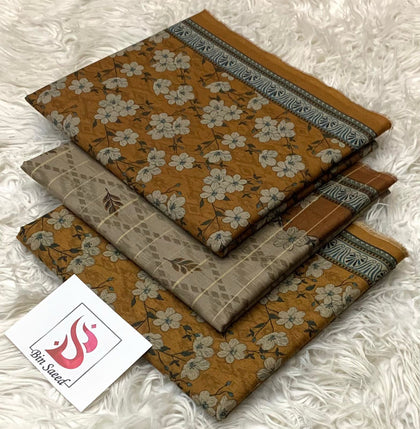 Bin Saeed Printed 3-Piece Lawn Suit with Voile Dupatta (Mustard & Grey Floral Design)