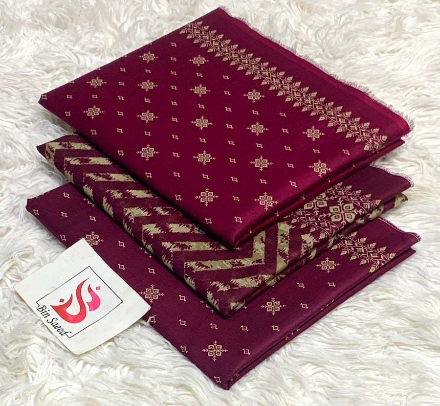Bin Saeed Original Printed Lawn Collection | Deep Maroon & Gold Geometric 3-Piece Summer Suit