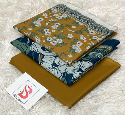 Bin Saeed Original Printed Lawn Collection | Mustard & Teal Floral 3-Piece Summer Suit