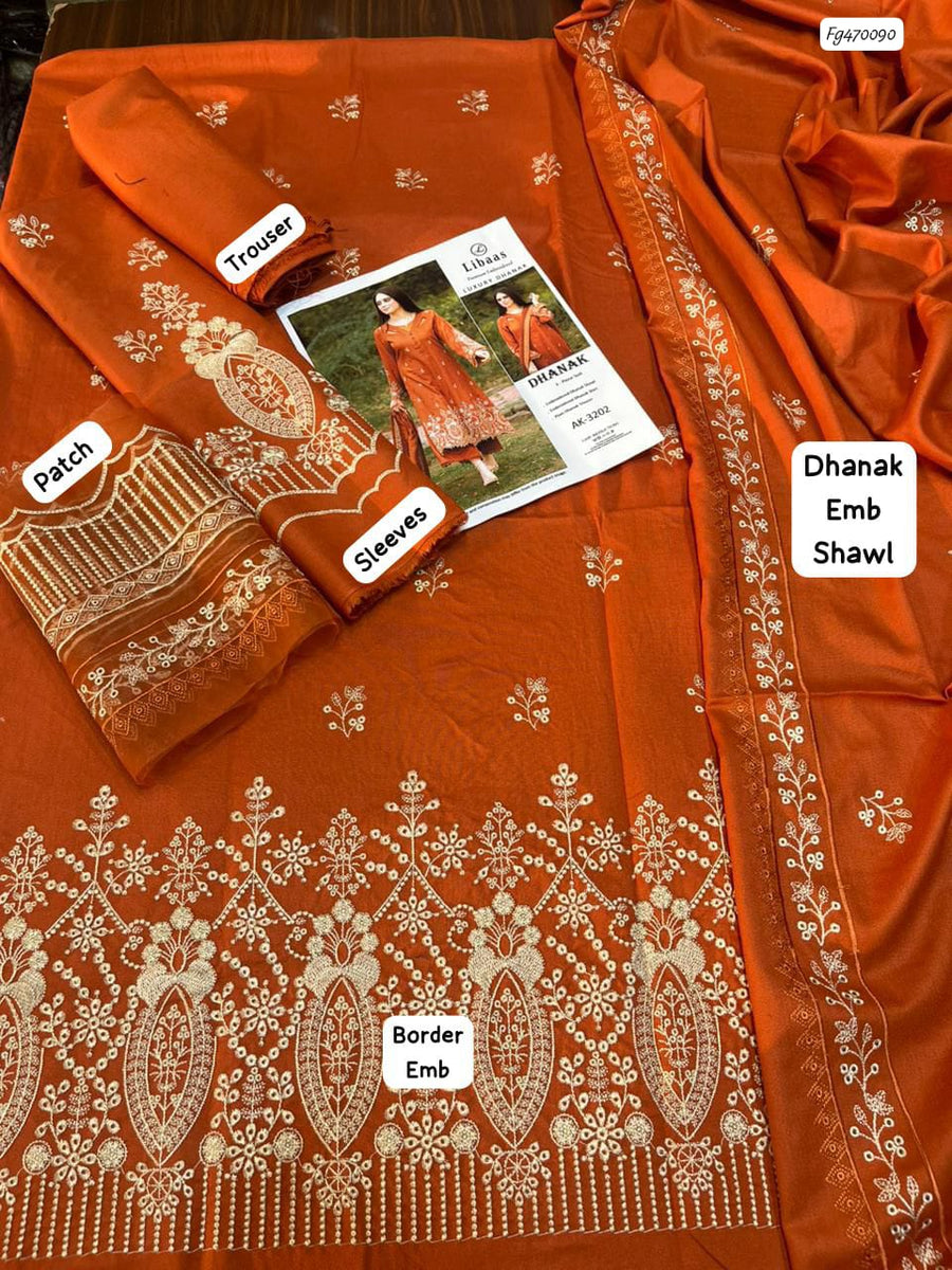Batik Rust Embroidered Dhanak 3-Piece Suit – Winter Collection 2026–27