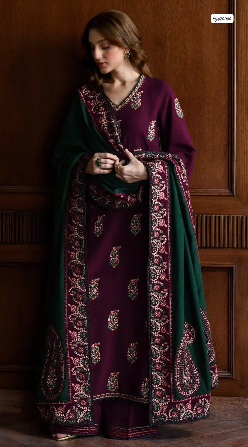 Batik Plum & Green Embroidered Dhanak 3-Piece Suit – Winter 2026–27