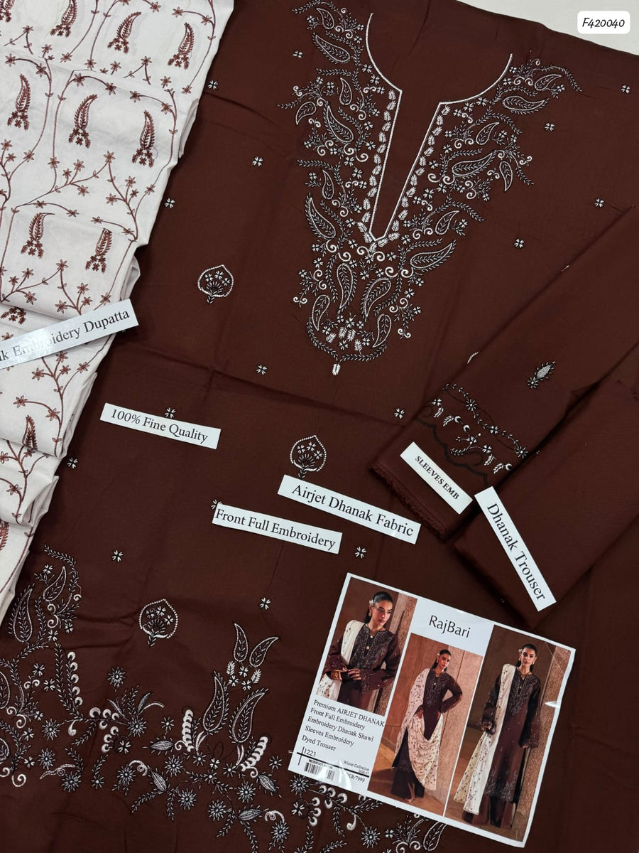 Rajbari Premium Airjet Dhanak Embroidered 3-Piece Suit – Winter 2026–27