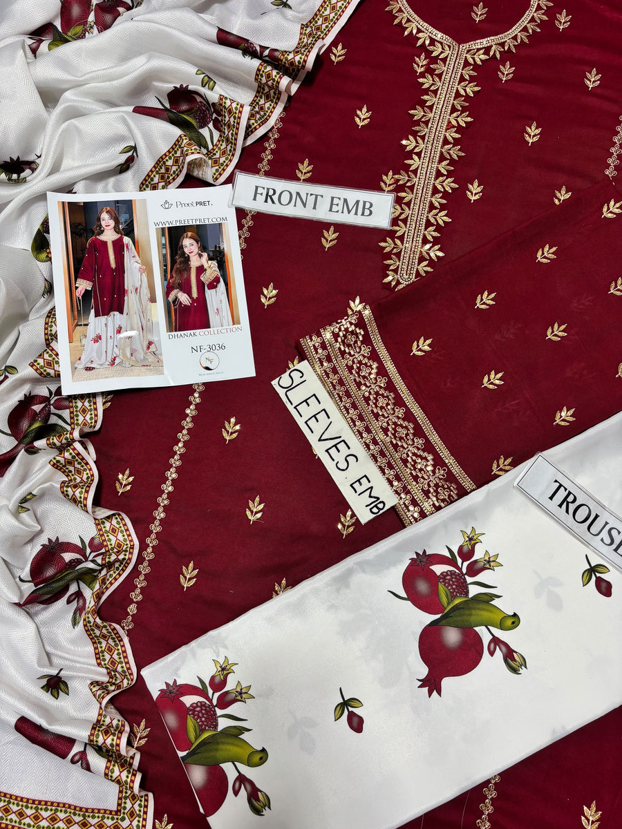 Preet Pret Wear Winter Collection 2026-2027 | 3PC Embroidered Dhanak Suit (NF 3036)