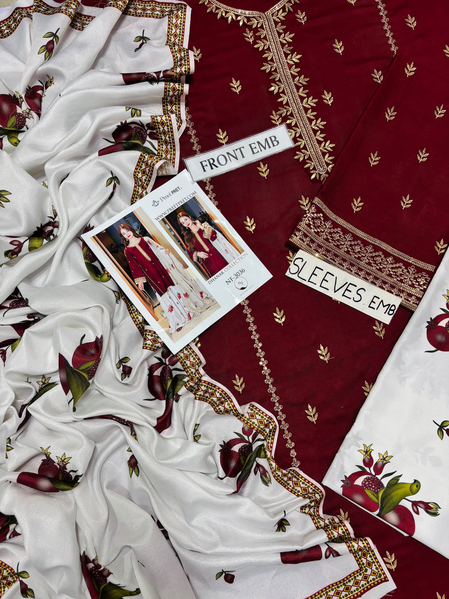 Preet Pret Wear Winter Collection 2026-2027 | 3PC Embroidered Dhanak Suit (NF 3036)