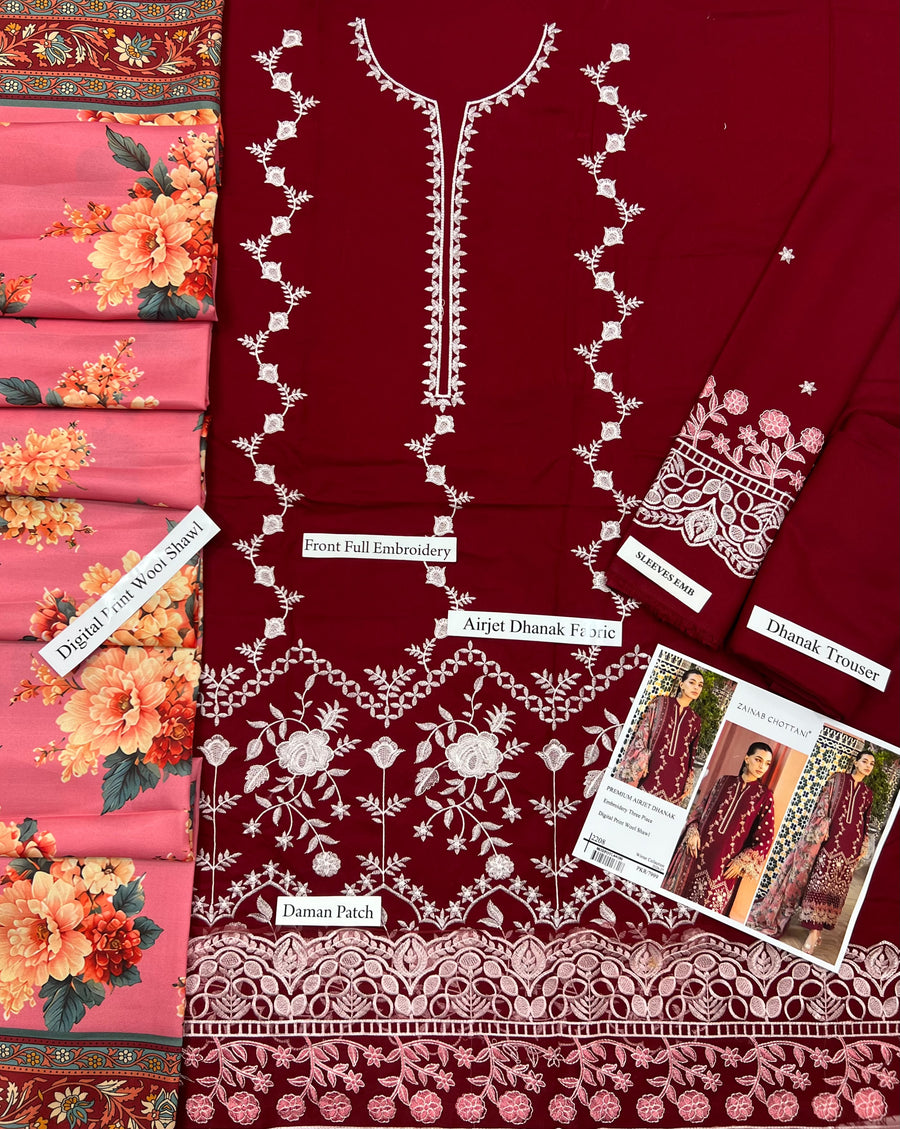 Zainab Chottani Premium Air-Jet Dhanak 3-Piece Embroidered Suit (Code: 2208)