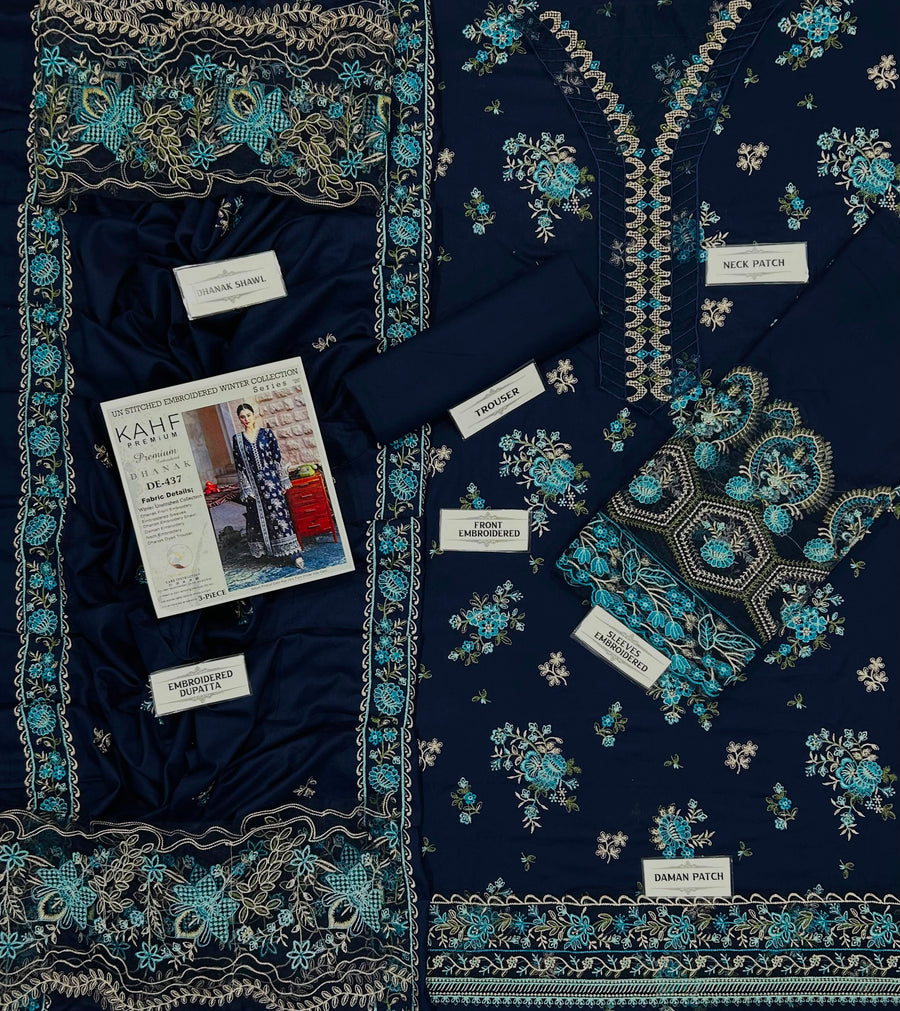 KAHF Premium Air-Jet Dhanak 3-Piece Embroidered Suit (Code: NF 436)