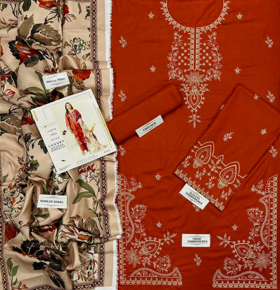 MOHAGNI Winter Collection – 3-Piece Heavy Embroidered Air-Jet Dhanak Suit with Woolen Shawl (Code: NF 1318)