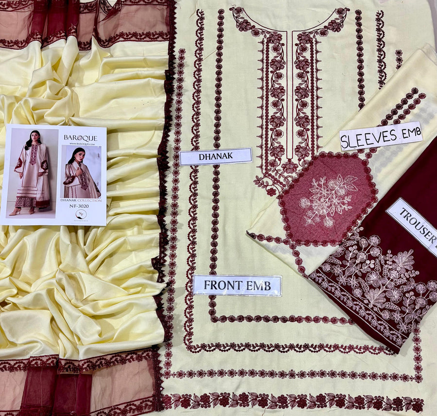 BAROQUE Winter Collection – 3-Piece Heavy Luxury Embroidered Dhanak Suit with Embroidered Shawl (Code: NF 3020)