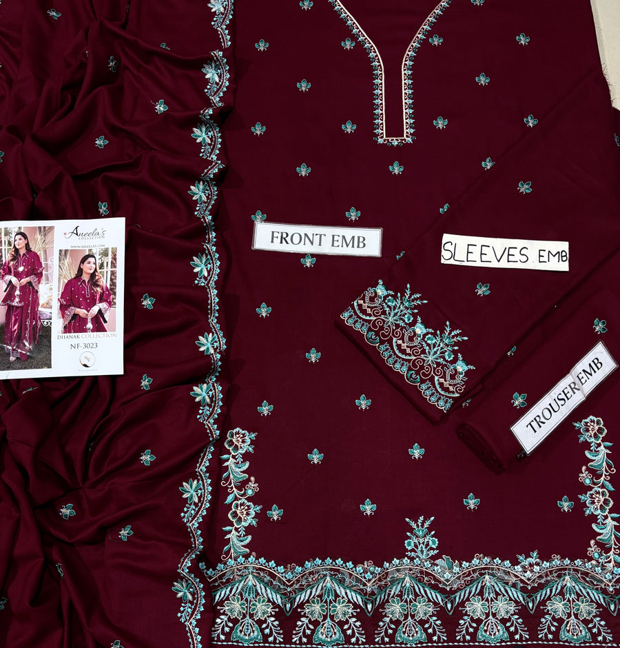 ANEELAS Premium Air-Jet Pure Dhanak 3-Piece Embroidered Suit (Code: NF 3023)