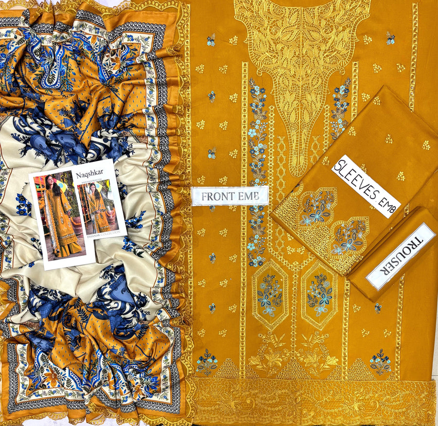 Naqshkar Luxury Winter Collection – Premium Air-Jet Dhanak 3-Piece Chikankari Suit with Cutwork Woolen Shawl