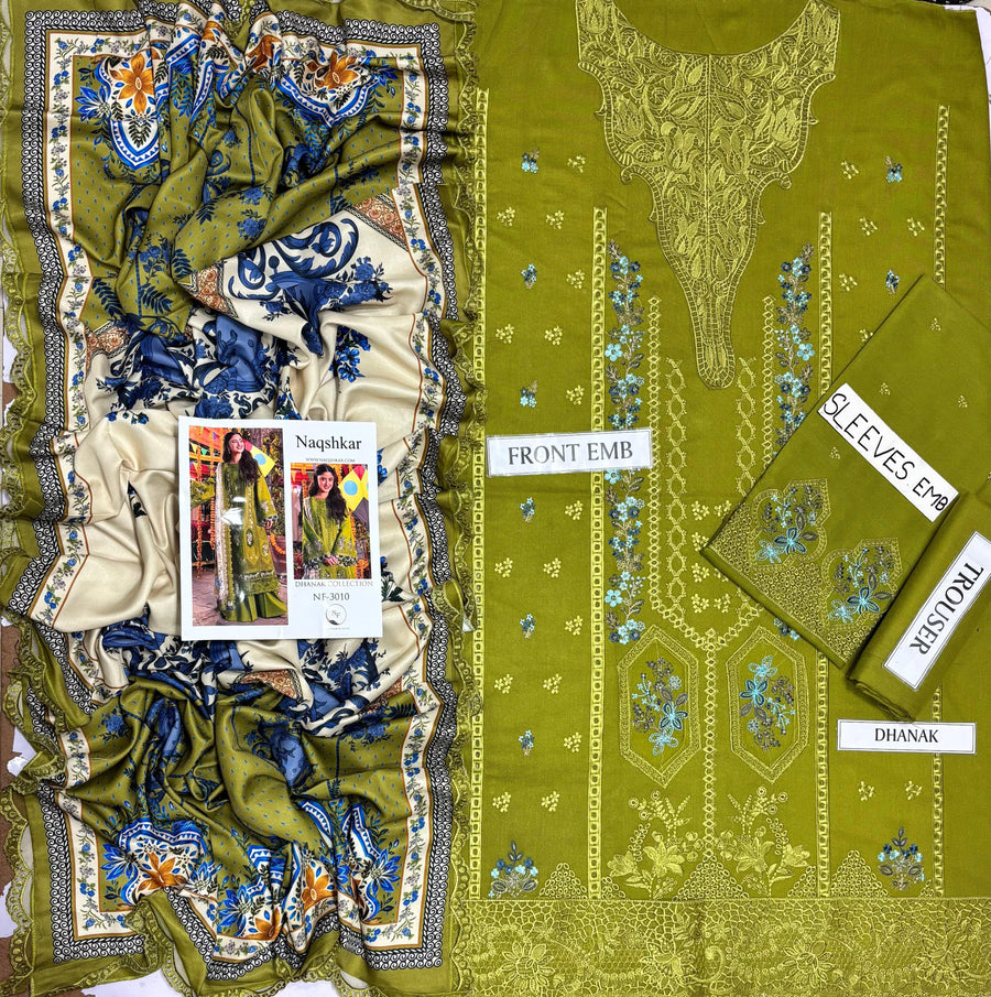 Naqshkar Luxury Winter Collection – Premium Air-Jet Dhanak 3-Piece Chikankari Suit with Cutwork Woolen Shawl