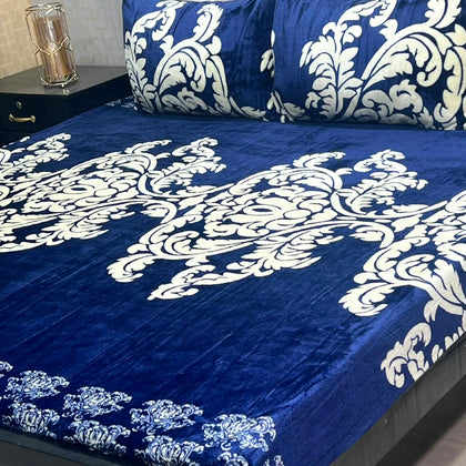 : Royal Blue & White Damask 3-Piece King Size Soft Fleece Bedsheet Set