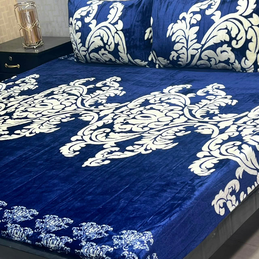 : Royal Blue & White Damask 3-Piece King Size Soft Fleece Bedsheet Set