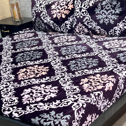 Deep Purple & Damask 3-Piece King Size Soft Fleece Bedsheet Set