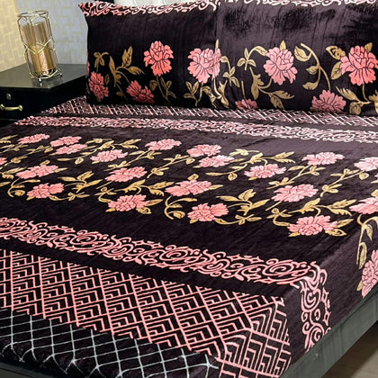Dark Brown & Pink Floral 3-Piece King Size Soft Fleece Bedsheet Set