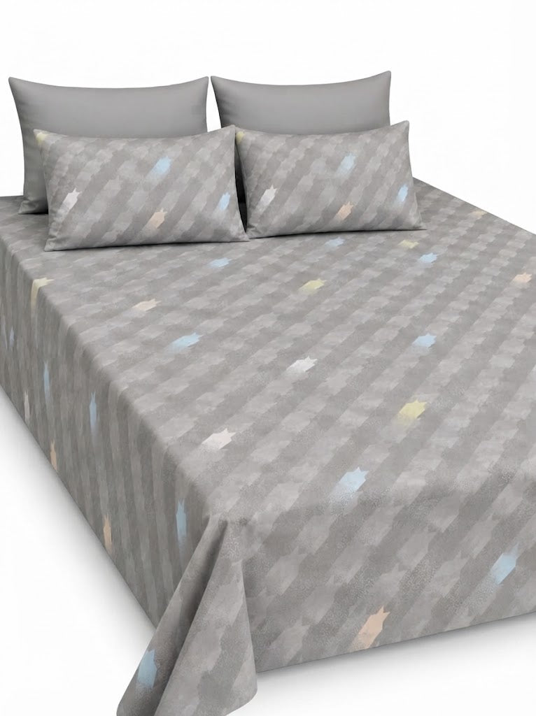 5-Piece Export Quality Pure Cotton King Size Bedsheet Set – Grey Abstract Geometric Pattern