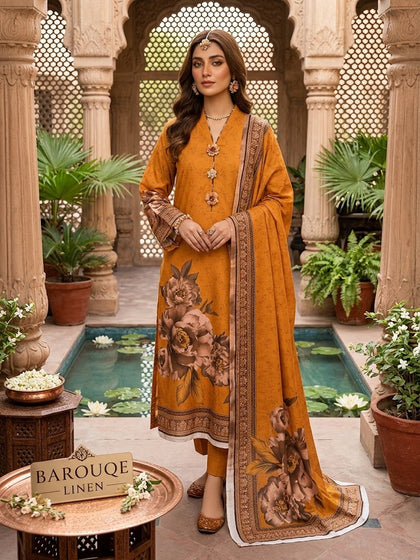 Elegant Mustard Orange Floral 3-Piece Unstitched Suit – Premium Printed Linen Dress