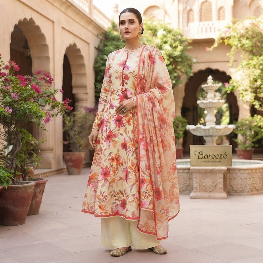 Bareezé Printed Lawn Collection – Pastel Florals with Red & Orange Accents