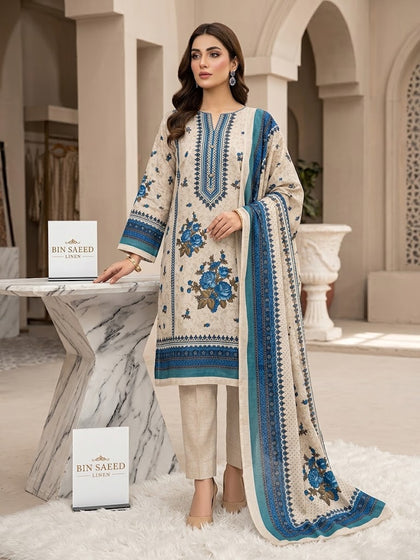 Elegant Beige & Royal Blue Floral Printed Linen 3-Piece Suit