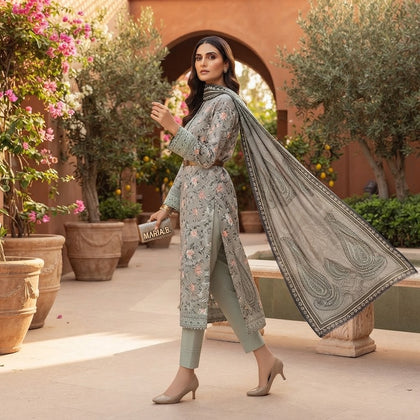 Maria.B Luxury Lawn — Exquisite Grey Floral 3-Piece Suit with Paisley Dupatta