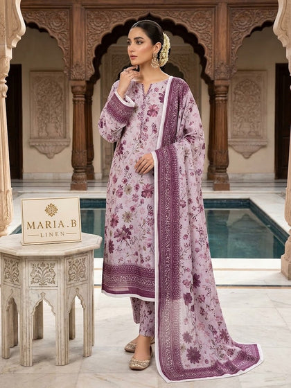 Elegant Pink & Lavender Floral 3-Piece Unstitched Suit – Printed Linen Dress