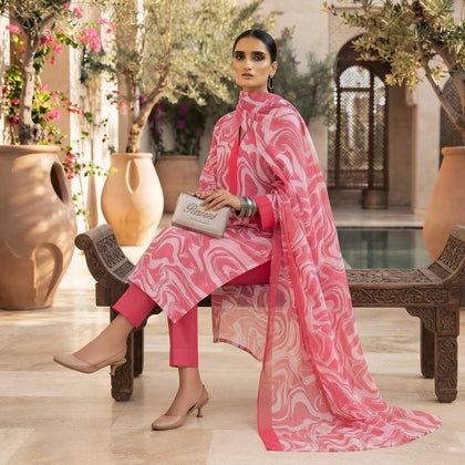 Bareezé Pink Swirl — Premium 3-Piece Printed Lawn Suit