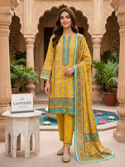 Mustard Yellow Floral Printed Linen 3-Piece Suit