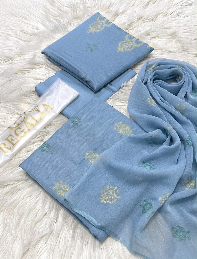 Regalia Premium 3-Piece Dusty Blue Textured Suit with Gold & Teal Block Print