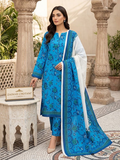 Elegant Blue Floral 3-Piece Unstitched Suit – Printed Linen Dress