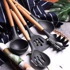12 Pcs Kitchen Utensils Set | BPA Silicon & Wooden Kitchen Spoon Set | Heat Resistant Kitchen Non toxic Spatula Set with Turner Tongs,Spoon,Brush,Whisk-Wooden Handle