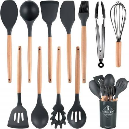 12 Pcs Kitchen Utensils Set | BPA Silicon & Wooden Kitchen Spoon Set | Heat Resistant Kitchen Non toxic Spatula Set with Turner Tongs,Spoon,Brush,Whisk-Wooden Handle