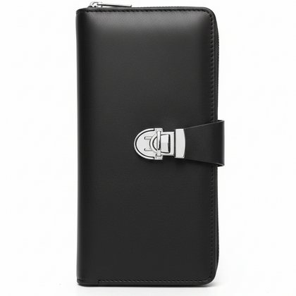 Premium Black Leather Travel Organizer Wallet with Metal Lock Closure