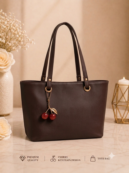 Cherry Charm Women's Tote Bag with Dual Zip Compartments, Back Pocket & Inner Pocket Black