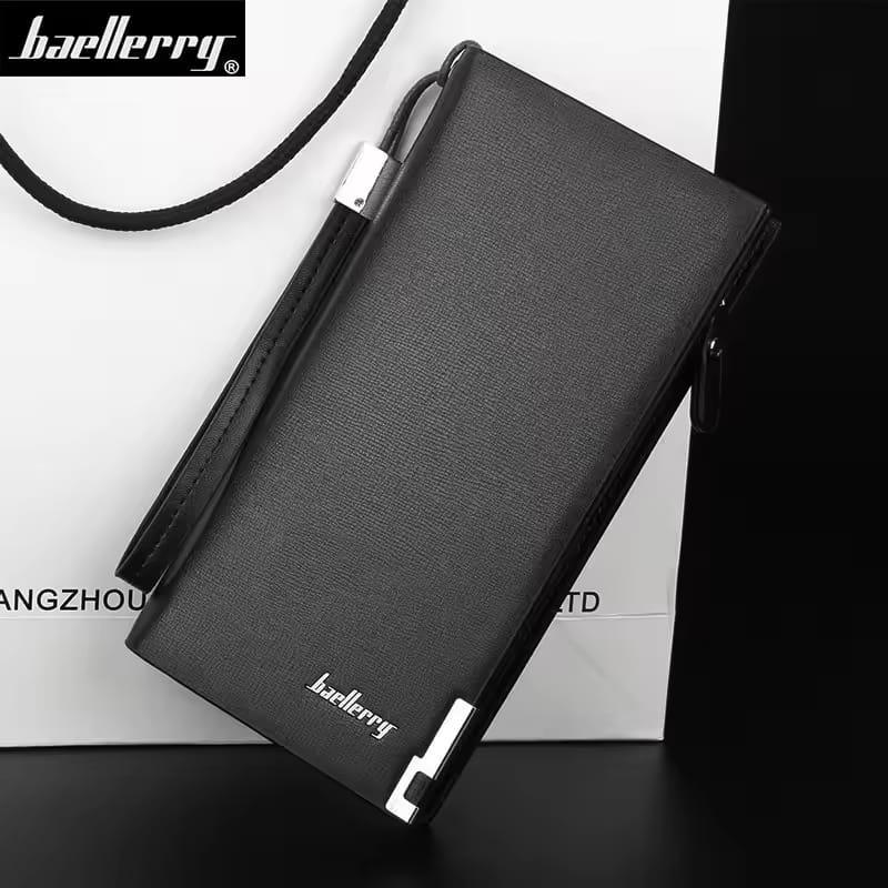 Baellerry Men's Long PU Leather Wallet Clutch with Wristlet Strap - Black