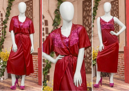 2 Pcs Luxury Satin & Lace Robe Nighty Set – Sensual Silk Gown for Women
