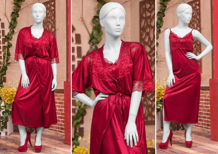 2 Pcs Luxury Satin & Lace Robe Nighty Set – Sensual Silk Gown for Women