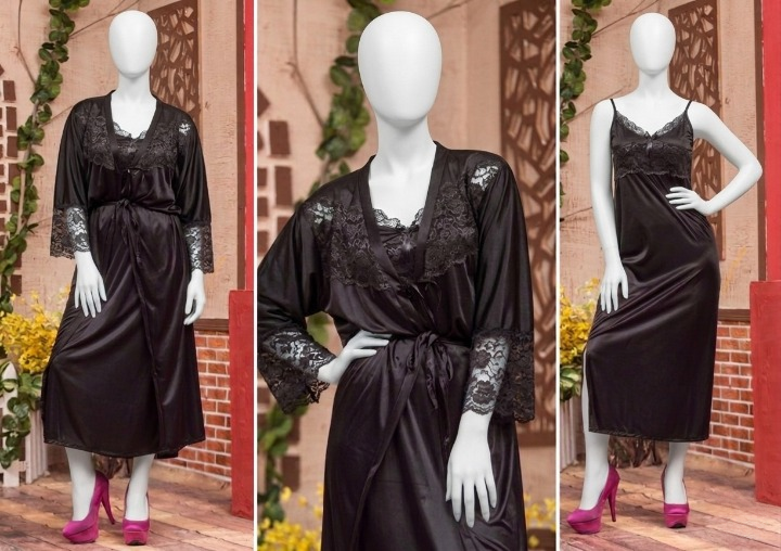 2 Pcs Luxury Satin & Lace Robe Nighty Set – Sensual Silk Gown for Women