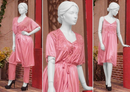 3 Pcs Luxury Silk Nightwear Set with Lace Trim – Satin Sleepwear for Women