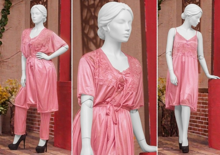 3 Pcs Luxury Silk Nightwear Set with Lace Trim – Satin Sleepwear for Women